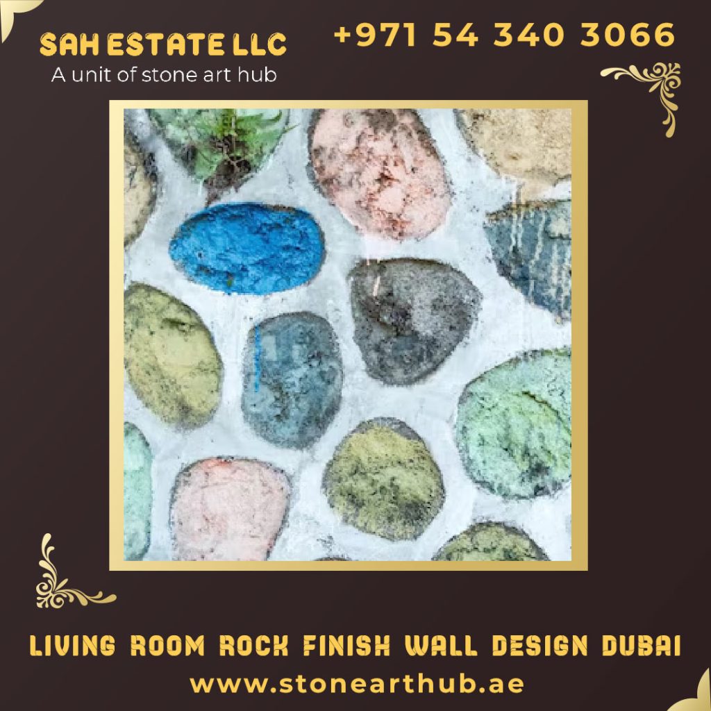 Living Room Rock Finish Wall Design Dubai
